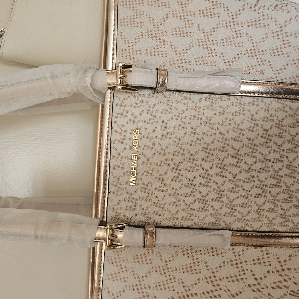 Michael Kors Cream and Gold Tote with Monogram Pattern